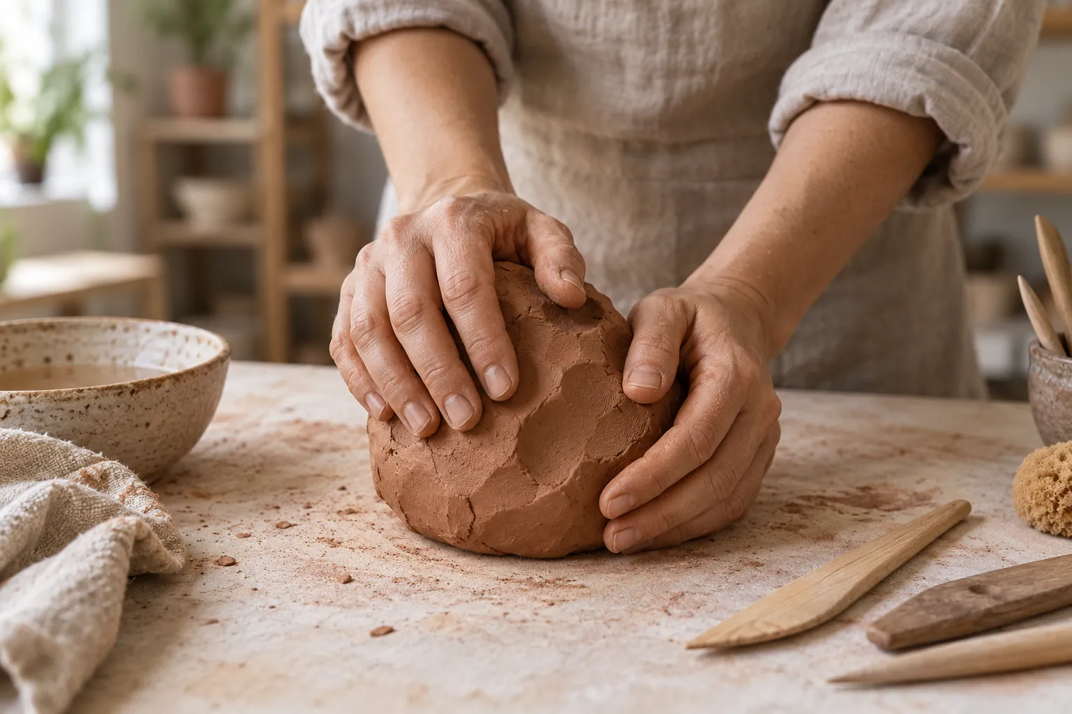 Hands gently pressing a block of terracotta clay on a pottery studio table