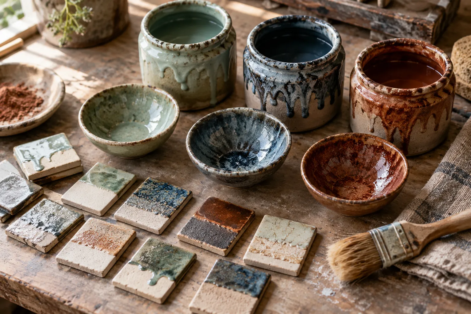 Handmade glaze test tiles and bowls in earthy blue, green and rust tones
