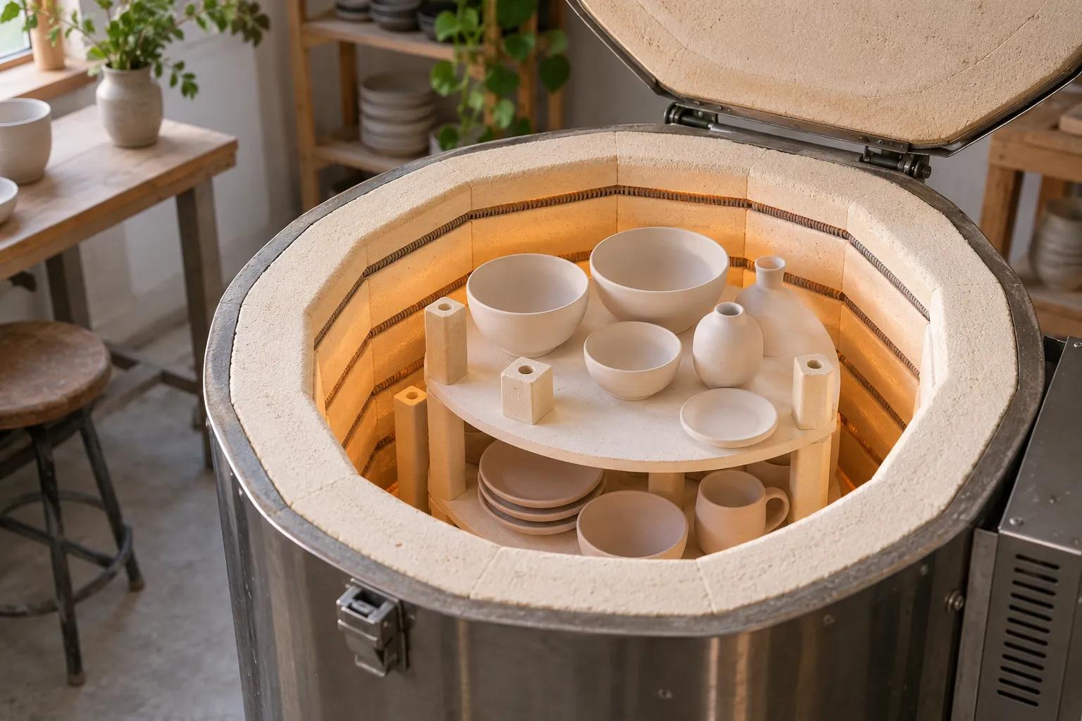 An open electric pottery kiln neatly loaded with pale bisque ceramics