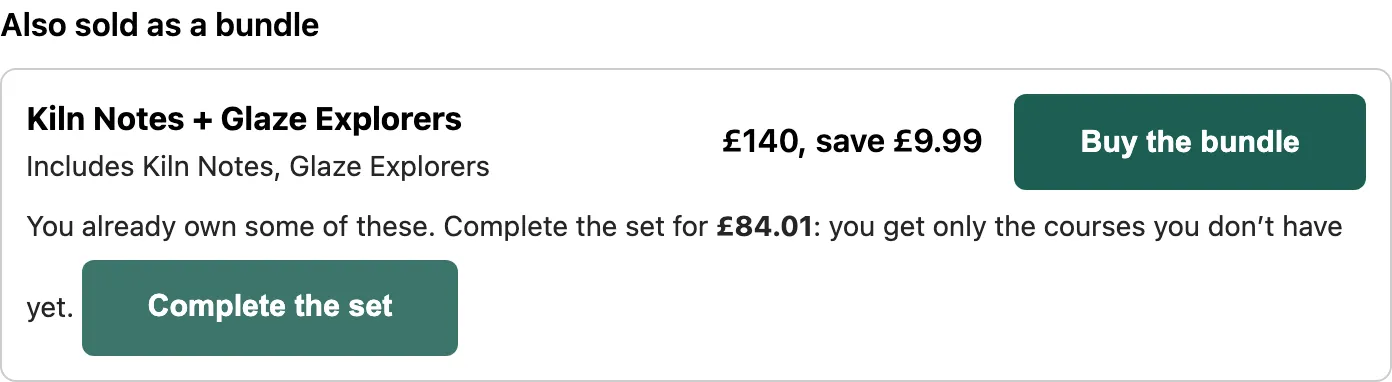 A learner who owns Kiln Notes sees a complete-the-set price of £84.01.