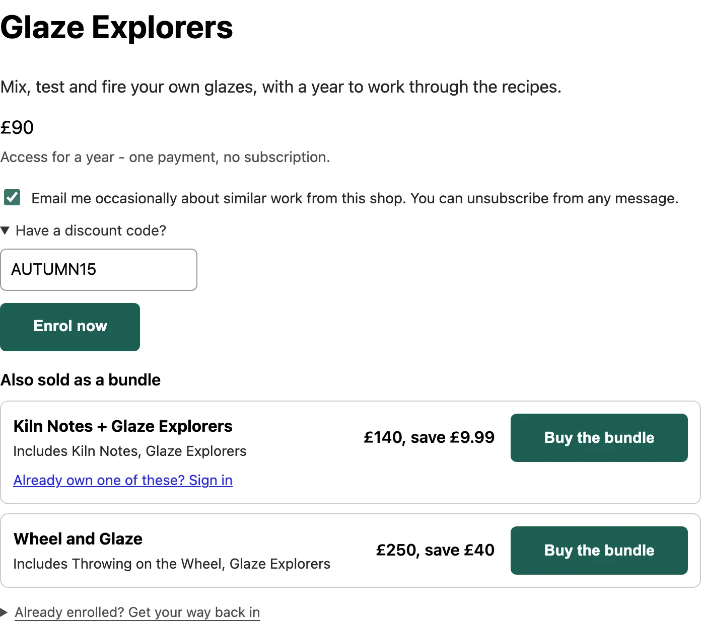 The Glaze Explorers page: £90, access for a year, with the discount code box open.