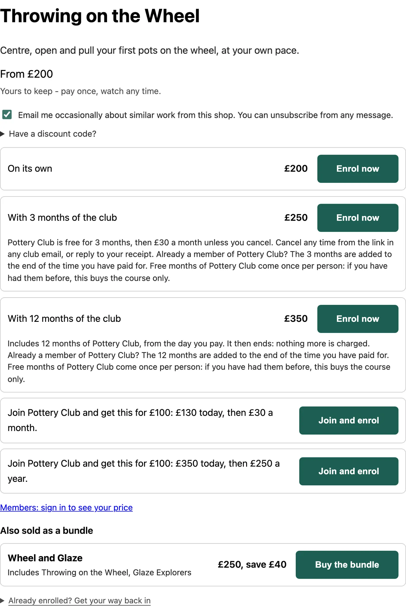 What a visitor sees on Throwing on the Wheel: three versions, two ways to join the club for the member price, and a bundle.