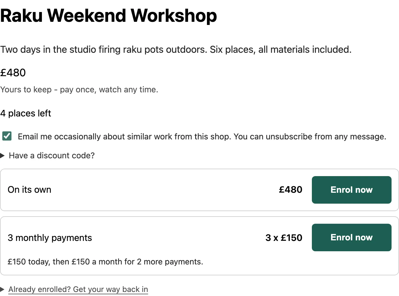 The Raku Weekend page: places left, £480 at once, or 3 monthly payments of £150.