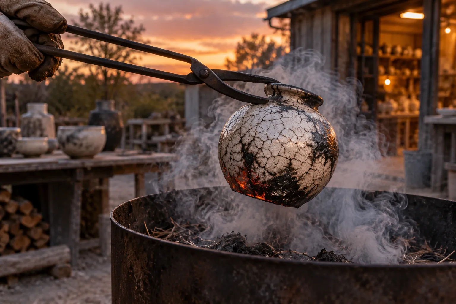 A crackle-glazed raku vessel held over a smoking reduction bin at dusk