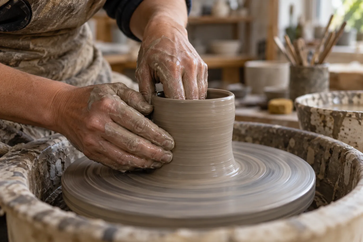 A potter shaping a stoneware vessel on a spinning wheel